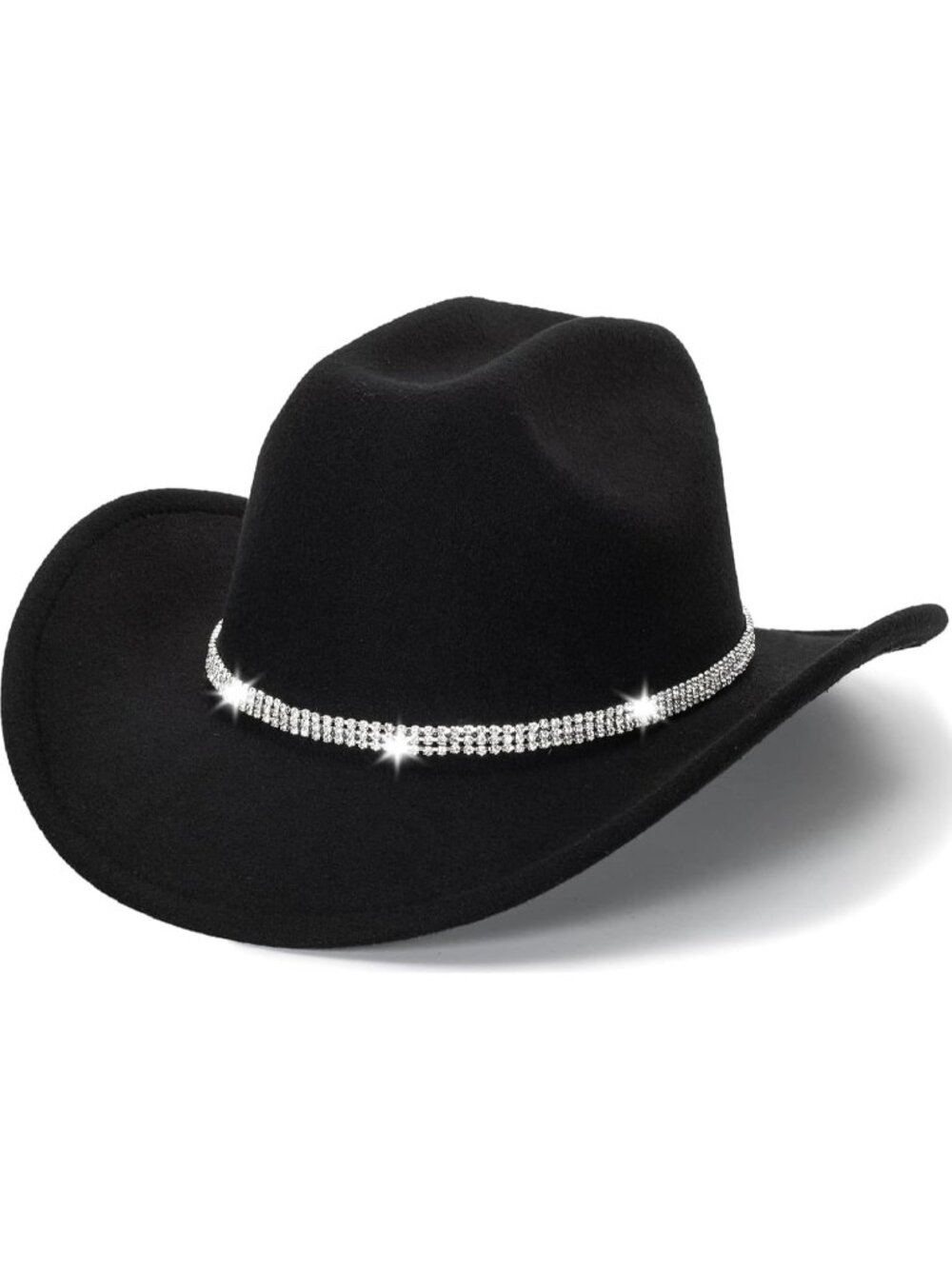 Unisex Black Rhinestone Fedora Wide Brim Silver Belt Cowgirl Western Cowboy Hat
